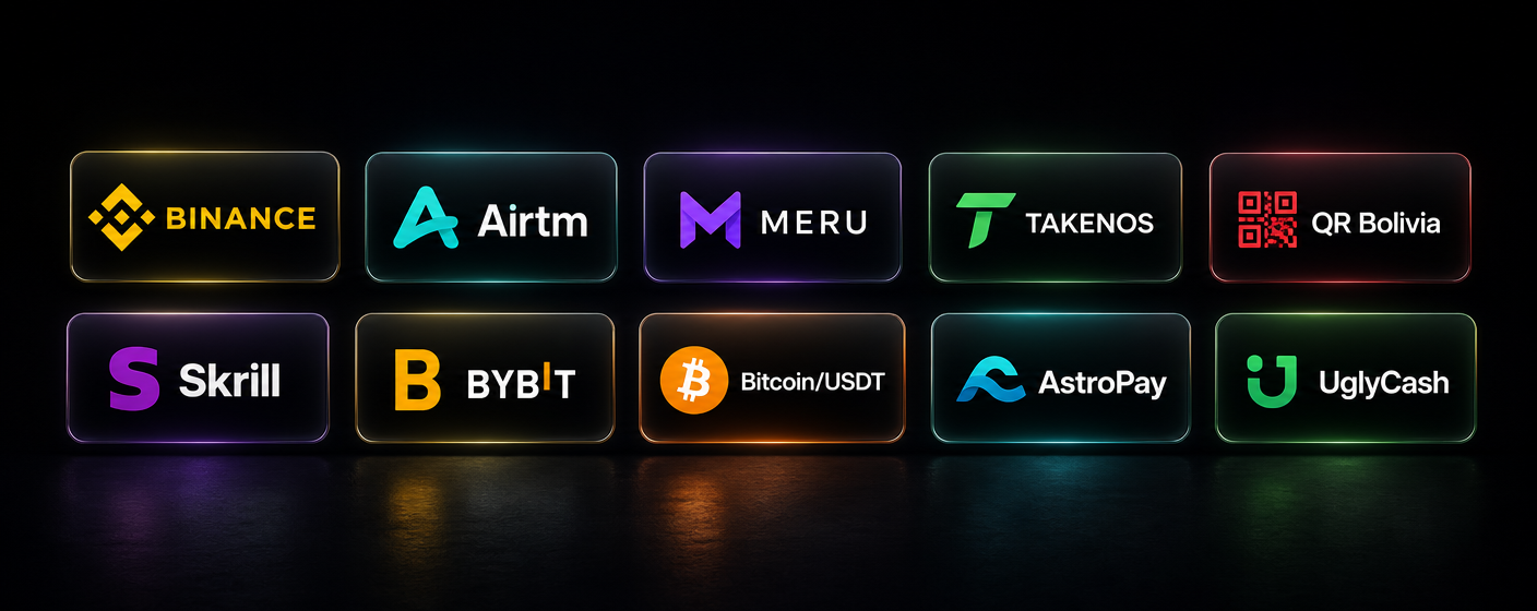 Métodos de pago aceptados: Binance, Airtm, Meru, Takenos, QR Bolivia, Skrill, Bybit, Bitcoin, AstroPay y UglyCash